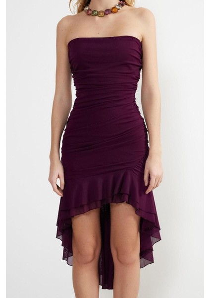 Moda Fit Mezuniyet Balo Tül Örme Straplez Kolsuz Kol Bodycone Midi Boy Elbise