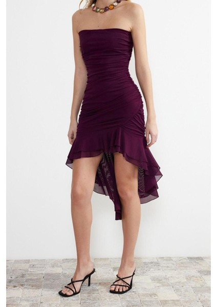 Moda Fit Mezuniyet Balo Tül Örme Straplez Kolsuz Kol Bodycone Midi Boy Elbise