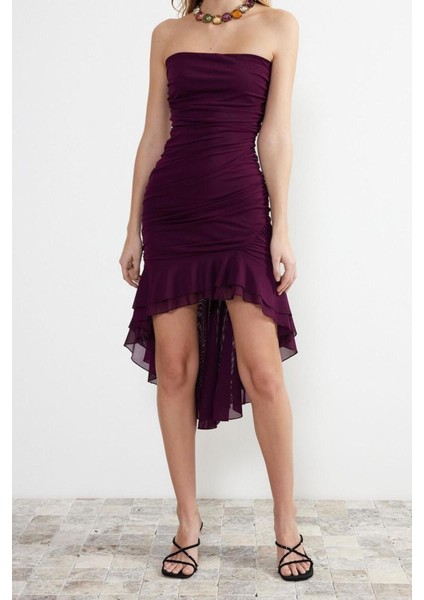 Moda Fit Mezuniyet Balo Tül Örme Straplez Kolsuz Kol Bodycone Midi Boy Elbise