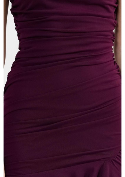 Moda Fit Mezuniyet Balo Tül Örme Straplez Kolsuz Kol Bodycone Midi Boy Elbise