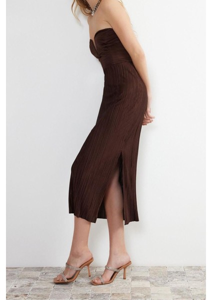 Moda Fit Mezuniyet Balo Pilise Örme Straplez Kolsuz Kol Bodycone Midi Boy Elbise