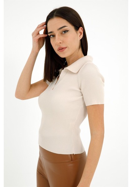 Kısa Kol Yakalı Kadın Triko Kazak - Bej fiyatları