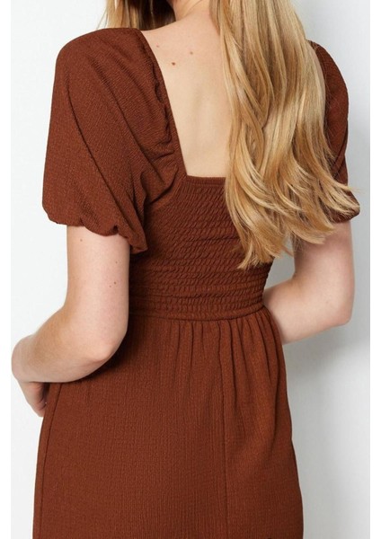 Moda Regular Casual Günlük Bürümcük Örme Kare Yaka Kısa Kol Eteği Fırfırlı Midi Boy Elbise