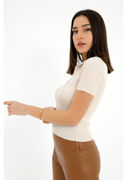 Kısa Kol Yakalı Kadın Triko Kazak - Bej modelleri