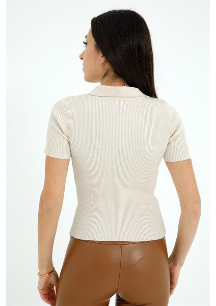 Kısa Kol Yakalı Kadın Triko Kazak - Bej fırsatları
