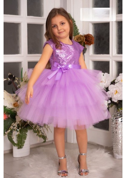 Kız Çocuk- Bebek Lila Renk Abiye Elbise