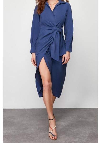 Moda Kruvaze Casual Günlük Modal Kumaş Dokuma Kruvaze Uzun Kol Kruvaze Midi Boy Elbise