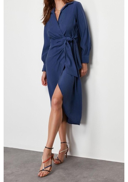 Moda Kruvaze Casual Günlük Modal Kumaş Dokuma Kruvaze Uzun Kol Kruvaze Midi Boy Elbise