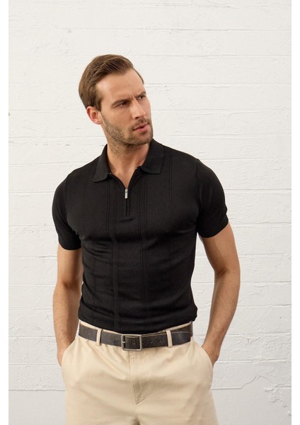 Erkek Fermuarlı Slim-Fit Kalıp Polo Yaka Yazlık Triko T-Shirt Siyah - 5004DNGR