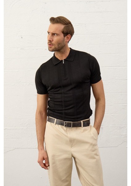 Erkek Fermuarlı Slim-Fit Kalıp Polo Yaka Yazlık Triko T-Shirt Siyah - 5004DNGR fırsatları