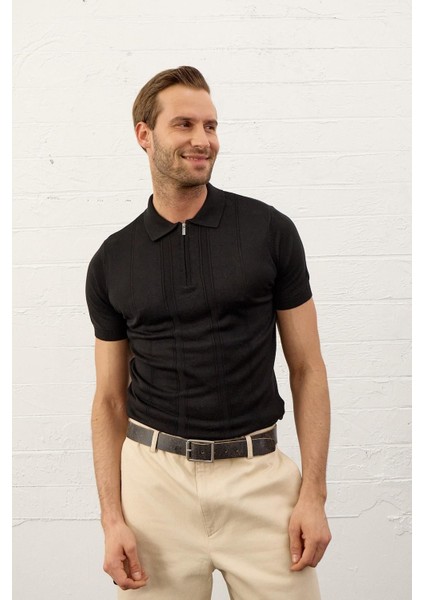 Erkek Fermuarlı Slim-Fit Kalıp Polo Yaka Yazlık Triko T-Shirt Siyah - 5004DNGR indirimleri