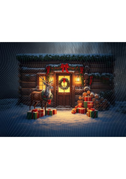 Rustik Noel Temalı Geyikli Ahşap Kulübe Stüdyo Fonu 200 x 150 cm Arka Plan