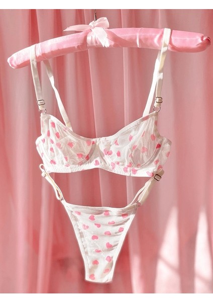 Kalp Baskı Tül Sütyen Takım