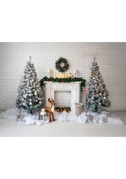 Noel Dekorasyonlu Şömine ve Çam Ağacı Temalı 200 x 150 cm Stüdyo Fonu Arka Plan