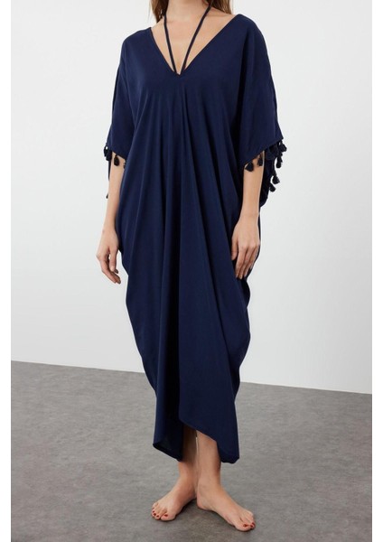 Moda Oversize Plaj Günlük Mesh Dokuma V Yaka Kısa Kol Shift Maxi Boy Elbise