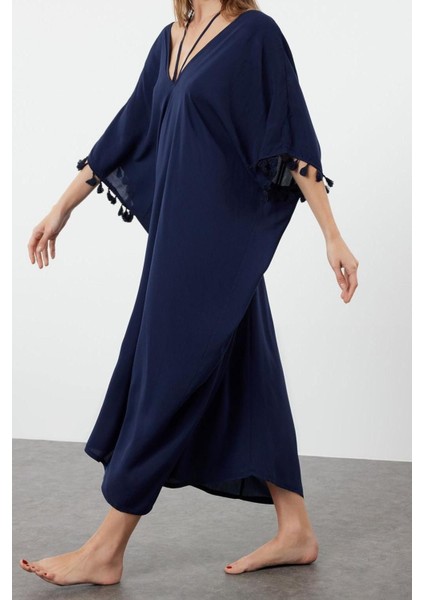 Moda Oversize Plaj Günlük Mesh Dokuma V Yaka Kısa Kol Shift Maxi Boy Elbise
