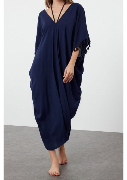 Moda Oversize Plaj Günlük Mesh Dokuma V Yaka Kısa Kol Shift Maxi Boy Elbise