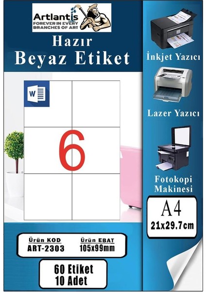 A4 Hazır Etiket 105X99 mm 10 Sayfa 1 Paket 6 Lı Kendinden Yapışkanlı Fotokopi Lazer Inkjet Kağıdı Yazıcılar Için Uyumlu