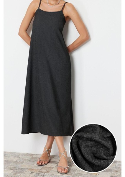 Moda Regular Casual Günlük Bürümcük Örme Kare Yaka Askılı Kol A-Line Midi Boy Elbise