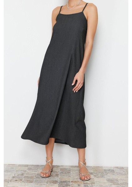 Moda Regular Casual Günlük Bürümcük Örme Kare Yaka Askılı Kol A-Line Midi Boy Elbise