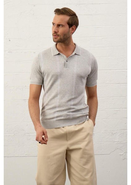 Erkek Slim-Fit Kalıp Polo Yaka Ince Triko T-Shirt Gri - 5012DNGR