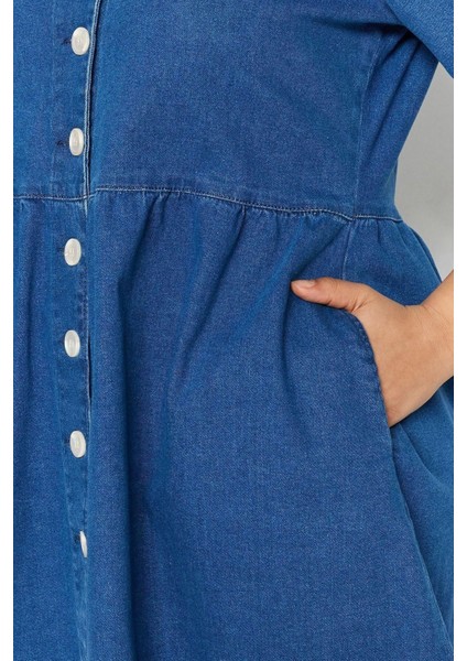 Moda Rahat Casual Günlük Comfort Denim V Yaka Kısa Kol A-Line Mini Boy Büyük Beden Elbise