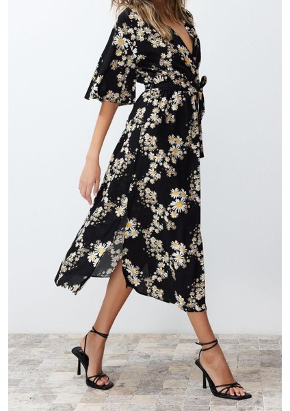 Moda Regular Casual Günlük Shally Dokuma Kruvaze Truvakar Kol Kol A-Line Midi Boy Elbise