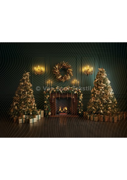 Klasik Altın Şömine ile Lüks Noel Stüdyo Fonu 200 x 150 cm Arka Plan