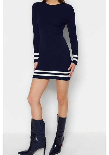 Moda Slim Casual Günlük Tek Plaka Triko Bisiklet Yaka Uzun Kol Bodycone Mini Boy Elbise