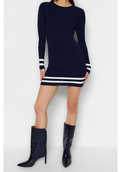 Moda Slim Casual Günlük Tek Plaka Triko Bisiklet Yaka Uzun Kol Bodycone Mini Boy Elbise
