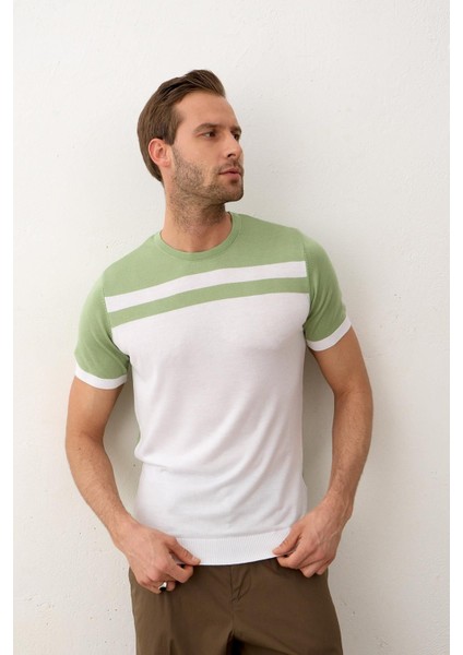 Erkek Renkli Slim-Fit Kalıp Yazlık Triko T-Shirt Yeşil - 5018DNGR