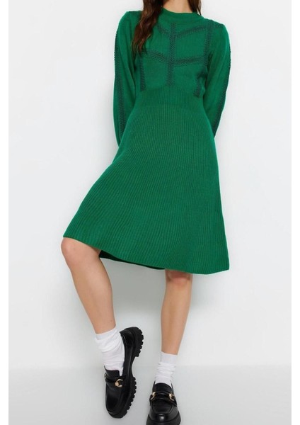 Moda Regular Business Tek Plaka Triko Bisiklet Yaka Uzun Kol A-Line Mini Boy Elbise