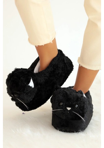 Kışlık Kadın Sevimli Kedi Hayvan Figürlü Peluş Panduf