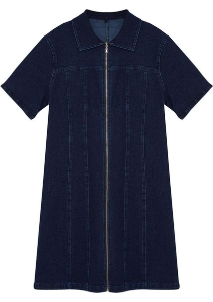 Moda Fit Casual Günlük Comfort Denim Gömlek Yaka Kısa Kol Bodycone Mini Boy Büyük Beden Elbise