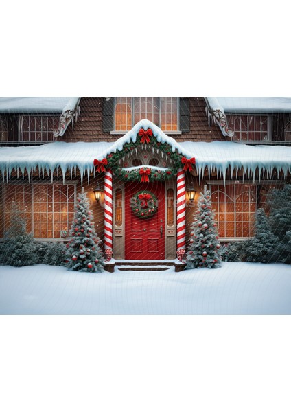 Kırmızı Kapıda Büyülü Noel Dekoru Stüdyo Fonu 200 x 150 cm Arka Plan