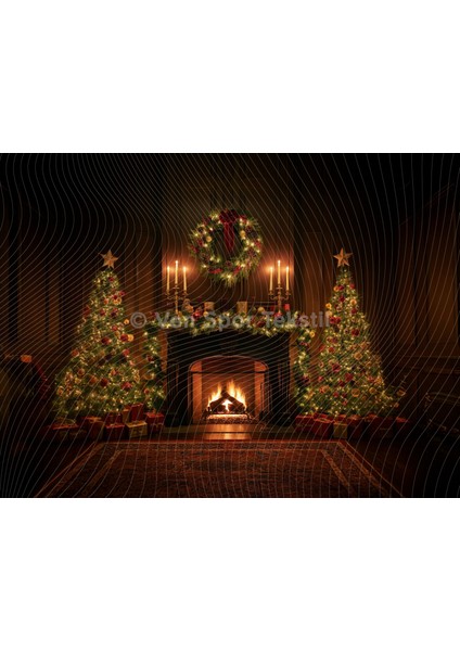 Yılbaşı Şömine ve Işıltılı Çam Ağaçları Temalı Arka Plan | 200 x 150 cm Stüdyo Fonu