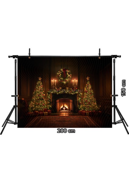 Yılbaşı Şömine ve Işıltılı Çam Ağaçları Temalı Arka Plan | 200 x 150 cm Stüdyo Fonu fiyatları