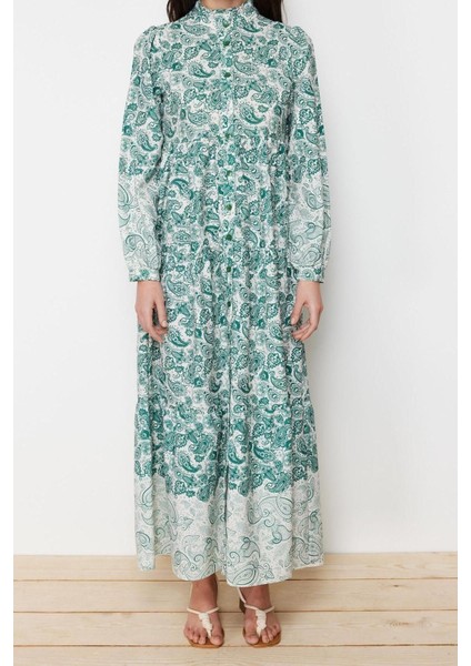 Moda Regular Keten Görünümlü Dokuma Hakim Yaka Uzun Kol Gömlek Elbise Maxi Boy Tesettür Elbise