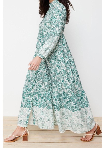 Moda Regular Keten Görünümlü Dokuma Hakim Yaka Uzun Kol Gömlek Elbise Maxi Boy Tesettür Elbise fiyatları