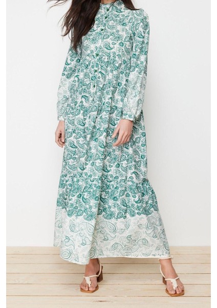 Moda Regular Keten Görünümlü Dokuma Hakim Yaka Uzun Kol Gömlek Elbise Maxi Boy Tesettür Elbise modelleri