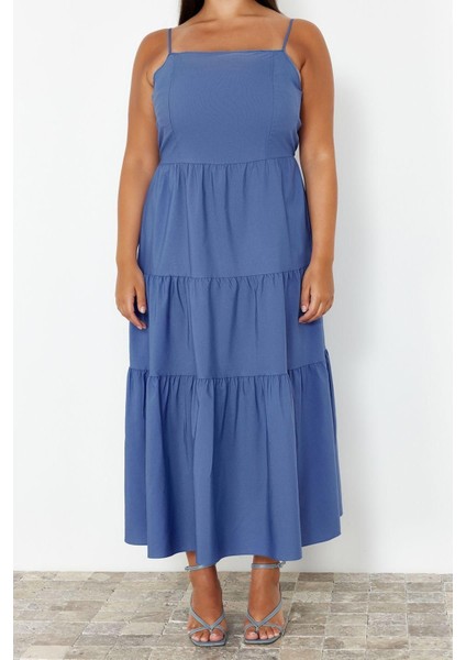 Moda Rahat Casual Günlük Aerobin Dokuma Kare Yaka Kolsuz Kol A-Line Midi Boy Büyük Beden Elbise