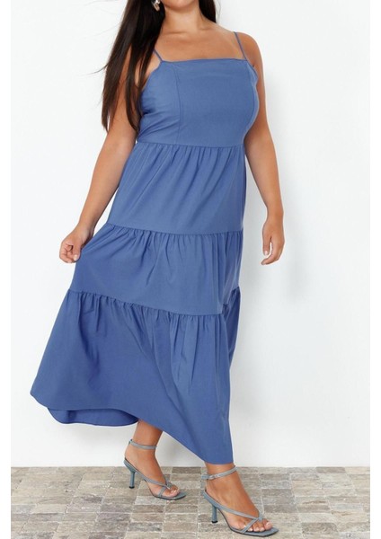 Moda Rahat Casual Günlük Aerobin Dokuma Kare Yaka Kolsuz Kol A-Line Midi Boy Büyük Beden Elbise fırsatları