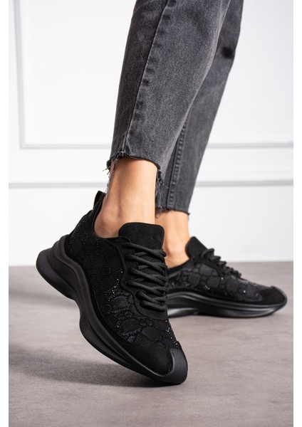 Star Siyah Gerçek Deri Süet Taş Detaylı Kadın Spor Ayakkabı