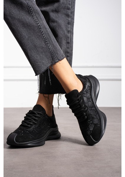 Star Siyah Gerçek Deri Süet Taş Detaylı Kadın Spor Ayakkabı modelleri