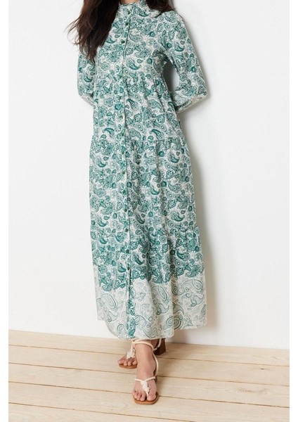 Moda Regular Keten Görünümlü Dokuma Hakim Yaka Uzun Kol Gömlek Elbise Maxi Boy Tesettür Elbise fırsatları