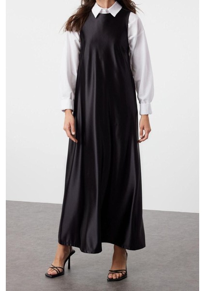 Moda Regular Casual Günlük Saten Dokuma Bisiklet Yaka Kolsuz Kol Shift Maxi Boy Tesettür Elbise modelleri