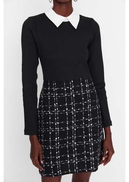 Moda Regular Casual Günlük Tüvit Dokuma Gömlek Yaka Uzun Kol A-Line Mini Boy Elbise