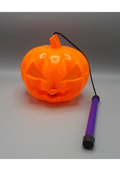 Turuncu Renk LED Işıklı ve Sesli Saplı Balkabağı Halloween Dekor Süs 40 cm