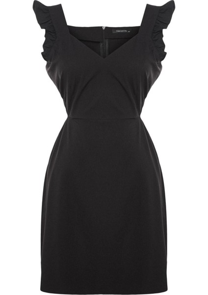 Moda Fit Gündüz Gece Krep Dokuma V Yaka Askılı Kol A-Line Mini Boy Büyük Beden Elbise