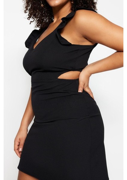 Moda Fit Gündüz Gece Krep Dokuma V Yaka Askılı Kol A-Line Mini Boy Büyük Beden Elbise fiyatları